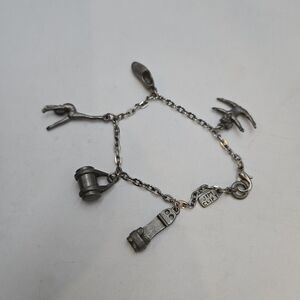 Vintage Jim Clift Pewter Charm Bracelet with gymnastics Theme 5 Charms